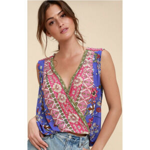 FREE PEOPLE Havana Blue Floral Print Sleeveless Surplice Top Size Large 8-12